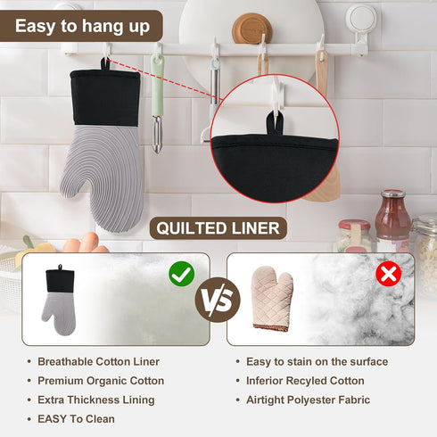 Silicone Oven Mitts - Heat Resistant 500F, 13.6 in Waterproof Grippy Design, Flexible BPA-Free Kitchen Gloves