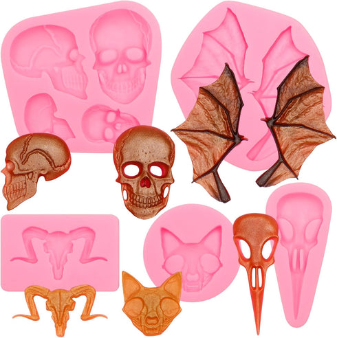 Halloween Fondant Molds, Skull Sheep Head Bat Wings Silicone Molds for Cake Decoration, Set of 5