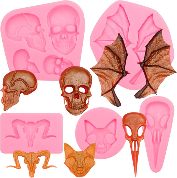 Halloween Fondant Molds, Skull Sheep Head Bat Wings Silicone Molds for Cake Decoration, Set of 5