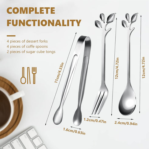Leaf Coffee Spoons, Mini Serving Tongs and Appetizer Forks Stainless Steel Sugar Cube Tongs Dessert Spoons Metal Dinner Forks for Dessert Coffee Tea (10, Silver) by Sieral