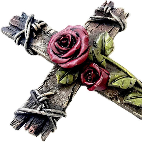 Polly House 10" Rose with Wood Look Resin CROSS Wall Decoration, Great for Gifts