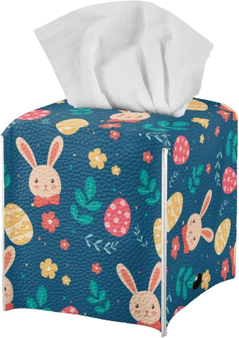 Biyejit Cute Easter Rabbit Eggs Tissue Box Cover, Square PU Leather Holder with Bottom Strap for Bathroom, Vanity, Desk