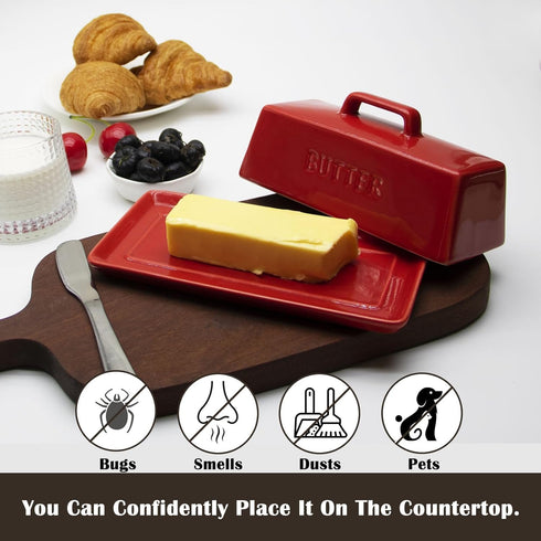 MKYHBOO Countertop, Ceramic Butter Dish With Lid for Covered Butter Holder With Lid, Red Butter Container, Butter Tray