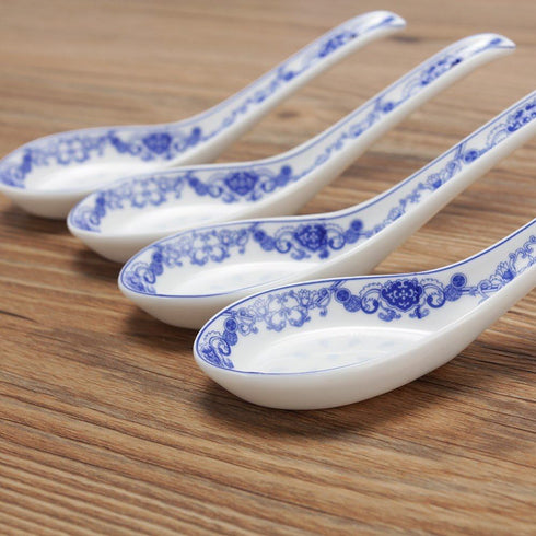Set of 4 Porcelain Chinese Knot Blue Floral Soup Spoons, 5-Inch