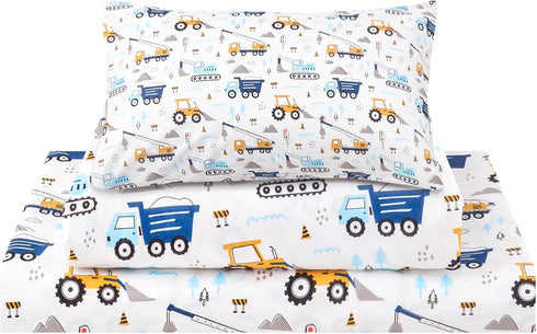 lasoftan Set 3 Set Kids Sheet Twin Size Pcs, Boys Sheet with Blue Excavator Car PatternKids Boys Twin Fitted