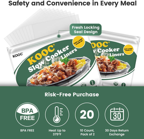 KOOC Slow Cooker Liners, 11"x17" 20 count Disposable Plastic Bags for 3 qt to 4 qt Pot, BPA Free