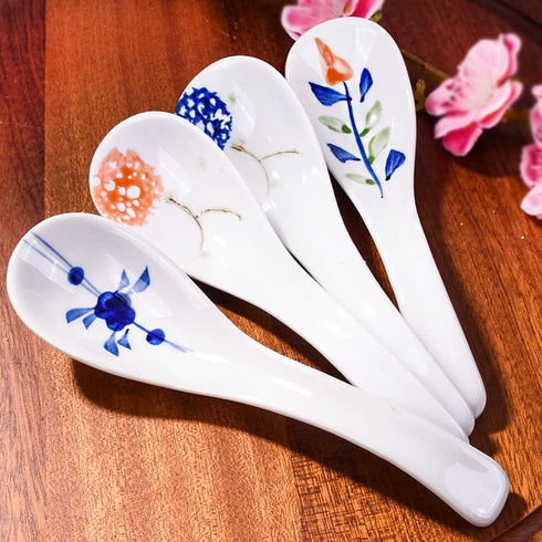 Japanese Ceramic Soup Spoons, 4 Pieces Porcelain Spoons for Ramen Noodle Oat