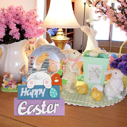 3-Layered Easter Decorations, MEETYAMOR Easter Bunny with Carrots Farmhouse Wood Block Easter Decor, Happy Easter Sign
