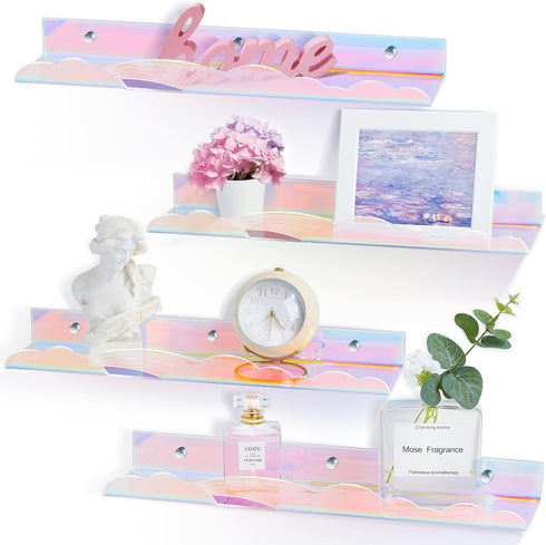 Iridescent Rainbow Acrylic Floating Shelves,15in Kids Wall Mounted Nursery Bookshelves, Display Ledge