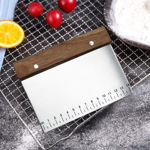 Stainless Steel Dough Bench Scraper - Pastry Chopper with Non-Slip Wooden Handle and Measuring Scales for Kitchen