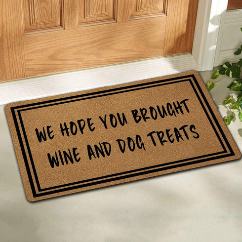 Welcome Mat with Non-Slip Rubber Back(18" x 30")Funny Doormat for Entrance Way Personalized Monogram Home Decor Mats for Front Door Kitchen Rugs and Mats (We Hope You Brought Wine and Dog Treats)