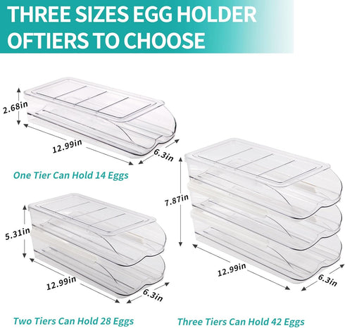 Automatic Rolling Egg Holder for Fridge, Stackable Container with Lid, Clear Plastic Egg Dispenser, Bin & Tray (1 Tier)