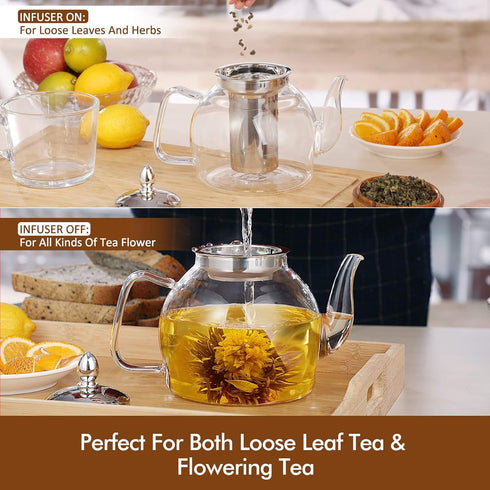 1500ml Set HIWARE Glass Teapot with Removable Infuser, Stovetop Safe Tea Kettle, Blooming and Loose Leaf Tea Maker