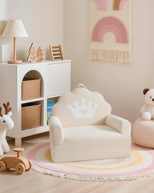 2-in-1 Cozy Kids Couch Fold Out, Soft Teddy Sherpa Toddler Couch with Crown Design, Convertible Kids Sofa to Lounger
