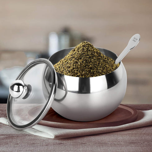 hanmir Stainless Steel Sugar Bowl with Clear Lid and Spoon, 8.1 Ounces (240 Milliliter) for Home and Kitchen