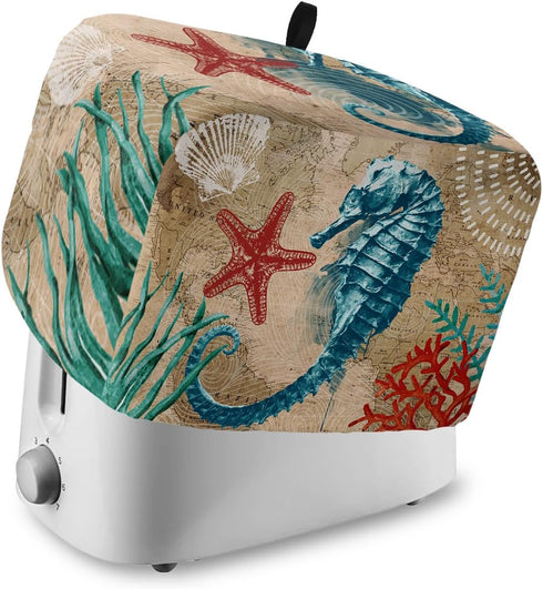 Nautical Theme Toaster Dust Cover with Pockets, Blue Seahorse and Seaweed Soft Washable Cover for 4 Slice Toaster