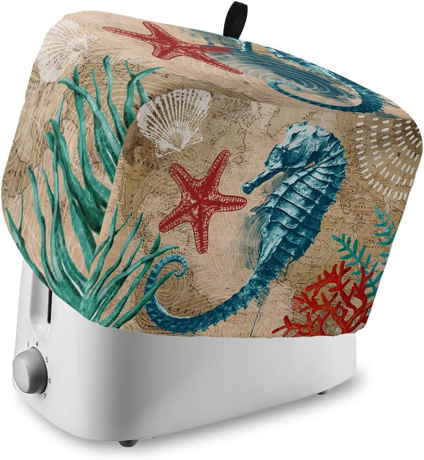 Nautical Theme Toaster Dust Cover with Pockets, Blue Seahorse and Seaweed Soft Washable Cover for 4 Slice Toaster