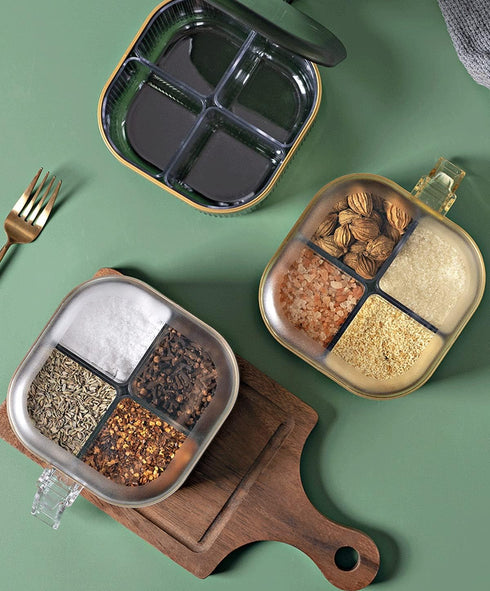 NAN Wind 4 Compartments Seasoning Box with Lid, Clear Storage Container, Kitchen Condiment Jars, Plastic Seasoning Box