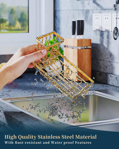 Consumest Sink Caddy, Kitchen Sponge Holder + Dish Brush Holder, Stainless Steel Rustproof Sink Organizer - Gold