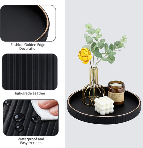 KINGFOM Round Decorative Tray for Coffee Table, PU Leather Valet Nightstand Desk Organizer for Men Women, Golden Trim