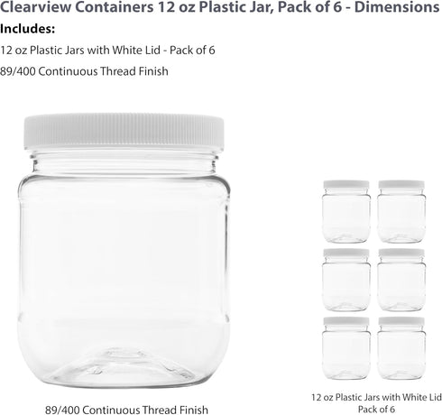 Plastic Storage Jars with Leak Proof Lids, BPA Free, Hand Wash Only (12oz Jar, 6PK)