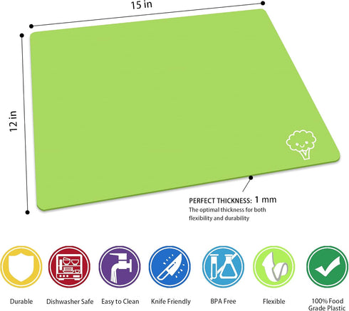ZVP Flexible Plastic Cutting Board Mats Set of 5, Colorful Chopping Boards with Food Icons, BPA Free, Non-Slip Back,