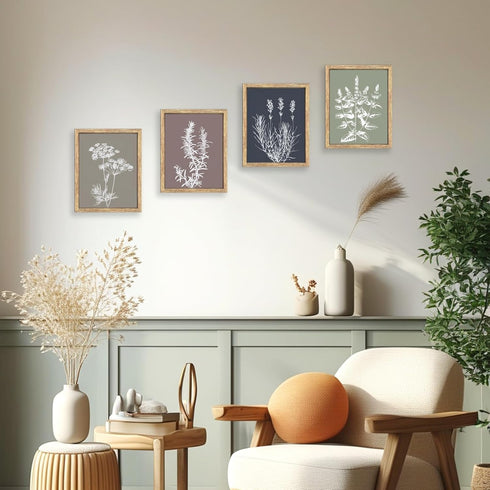 Set 4 (11x14 GUMEYJIA Boho Wall Art of Framed Herb Prints Botanical White Floral Sketches with Gray and Sage Green