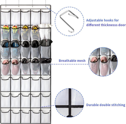 35 Pockets Over the Door Shoe Organizer, Hanging Shoe Organizer for Door with 35 Mesh Pockets Large Capacity Shoe Hanging Storage Bag with 4 Metal Hooks (White-1Pack) by SAVERHO