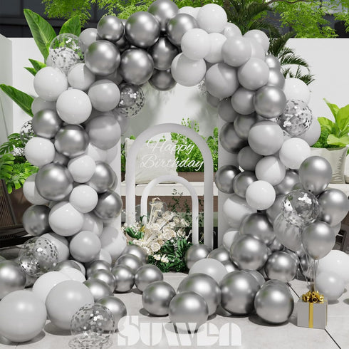 SUWEN 60PCS Metallic Silver Confetti Balloons Set, Latex Helium Chrome Silver Balloons for Party Decorations