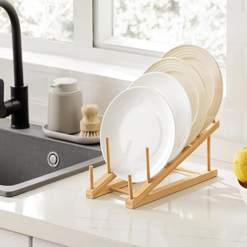 1 Counter, HBlife Bamboo Wooden Dish Drying Rack, PCS Plate/Dish/Book/File/Bowl/Cup/Cutting Board/Pot Lid Organizer