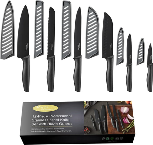 Marco Almond Kitchen Knife Set, KYA38 12-Piece Stainless Steel Cooking Knives Set with Covers