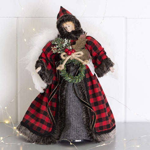Glitzhome Handmade Plaid Angel Figurine Christmas Treetop Ornament, 12" H, Red & Black