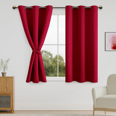 DWCN Blackout Short Curtains with Tiebacks, Thermal Insulated Grommet Window Curtains for Living Room, 38 x 45 inch, Red