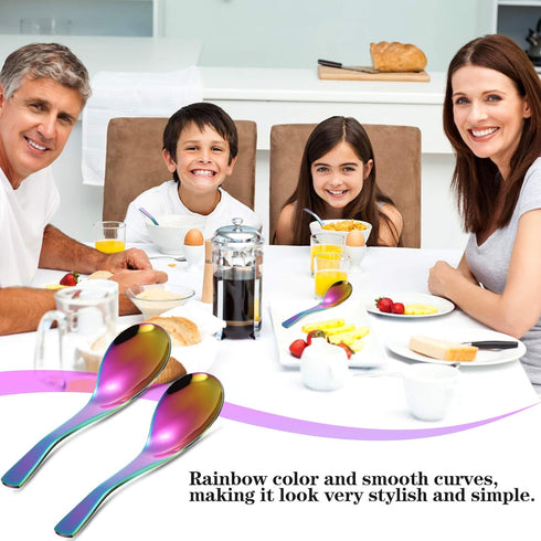6 Pieces Rainbow Stainless Steel Soup Spoons, Colorful Mirror Finish for Kitchen Serving