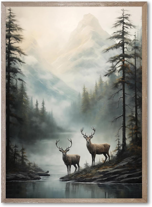 Vintage Deer Wall Art Canvas Print 16x24inch - Misty Forest Wildlife Artwork for Mountain Landscape Decor