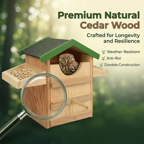 VORA 9 Inches Owl House, Wooden Bird House with Food Rack, Large Handmade Opening Owl Nesting Box with Mounting Screws