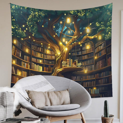 36"x48" Jhdstore Tree of life Tapestry Wall Hanging Fantasy Library Tapestry for Bedroom Mysterious Tree Bookshelf