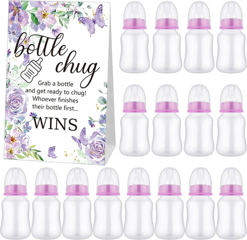 TrelaCo Baby Shower Game Sign, 20 Pcs Baby Bottles Favor Set with Greenery Flowers, Bear, Butterfly (Purple, Butterfly)