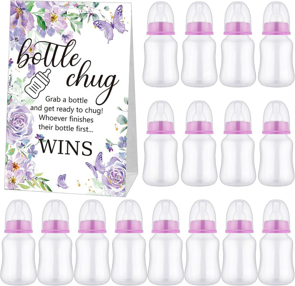 TrelaCo Baby Shower Game Sign, 20 Pcs Baby Bottles Favor Set with Greenery Flowers, Bear, Butterfly (Purple, Butterfly)