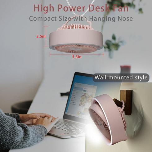 Pink Desk Fan, Small Quiet with Ambient Light, Portable USB Fan 5.3in High Power Rechargeable Battery Operate
