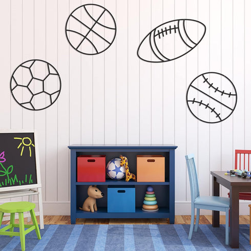 4 Packs Funrous Sports Room Wall Decor for Boys Metal Modern Soccer Football Wall Art Decor Black Basketball Baseball