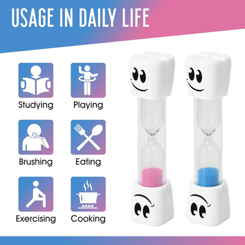 2 Minute Toothbrush Sand Timer for Kids - Set of 2 Small Hourglass in Blue and Pink Smiley