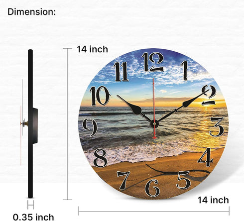 TAHEAT Sunset Beach Waves Wall Clock, Silent Non-Ticking Battery Operated, 14 Inch Decorative Clock for Home