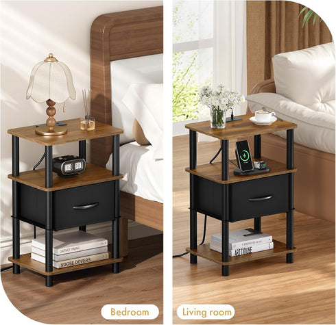 3-Tier 2-Min Bedroom Nightstand with Charging Station, Bedside Table with Adjustable Fabric Drawer, Night Table