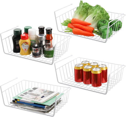 Tebery 4 Pack White Under Shelf Wire Basket Hanging Storage Baskets, Under