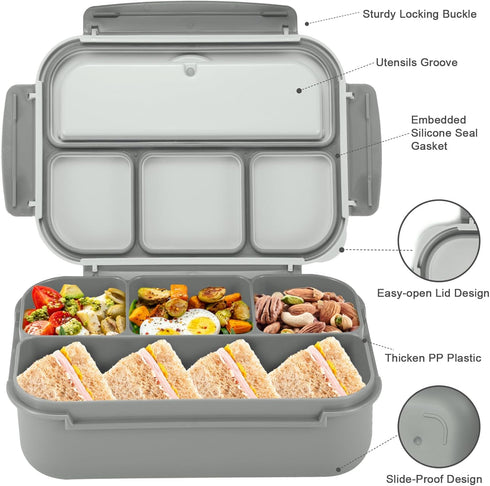 Bento Box Adult Lunch Box, 4 Compartments Lunchable Food Container with Utensils, Sauce Jar, Muffin Liners, Gray.