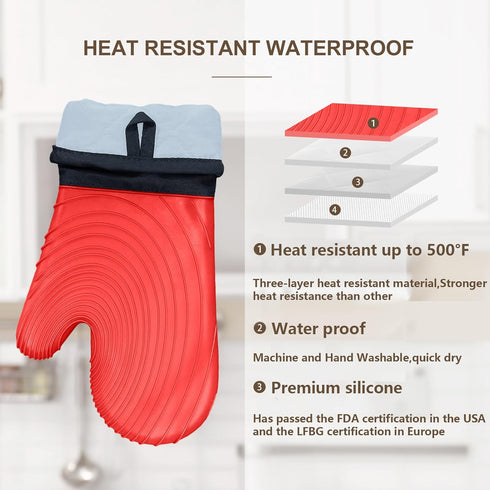 Silicone Oven Mitts - Red Heat Resistant 500F 13.6 in Waterproof Grippy Design for Cooking and Baking