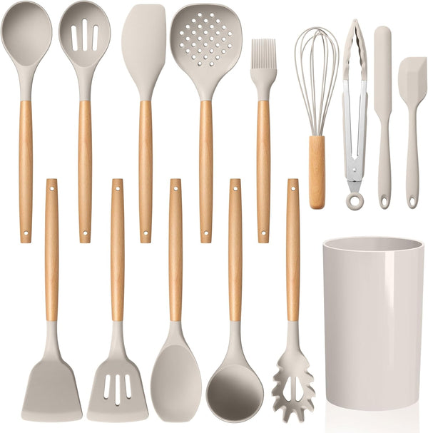 LIANYU 15-Piece Kitchen Cooking Utensils Set with Holder, Silicone Tools for Nonstick Cookware, Khaki