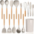 LIANYU 15-Piece Kitchen Cooking Utensils Set with Holder, Silicone Tools for Nonstick Cookware, Khaki