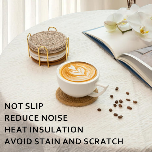 8 Set OIAHOMY Pcs Coasters with Holder for Beer, Coffee, Woven Cotton Coaster for Table Decor for Kitchen, Bar, Dining